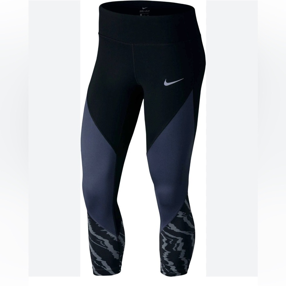 Nike Power Running Blue Black Cropped Drawstring Leggings Womens XS Capri Tights
